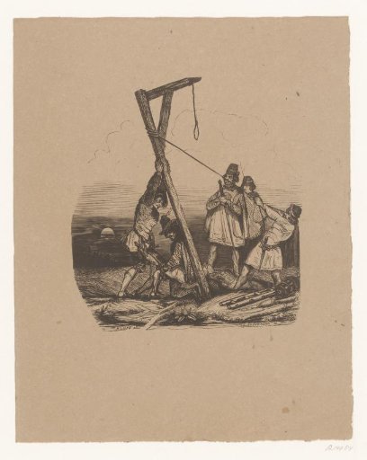 Five men erecting a gallows, a corpse lies at the foot