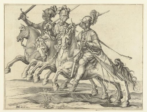 Three riders with raised swords, facing right