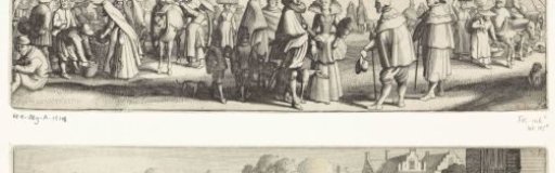 Elegant couple and two pilgrims in the foreground