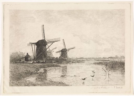 Landscape with three mills along a canal