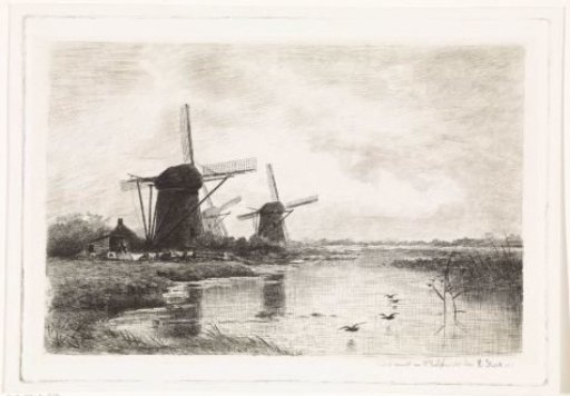 Landscape with three mills along a canal