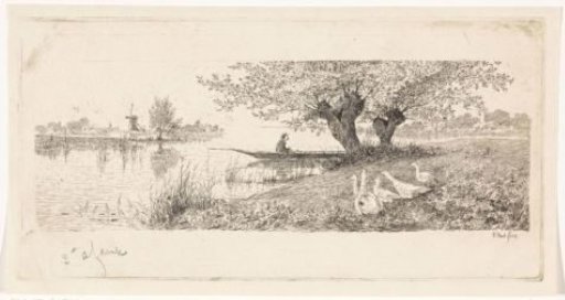 River landscape with a man in a boat and geese on the shore