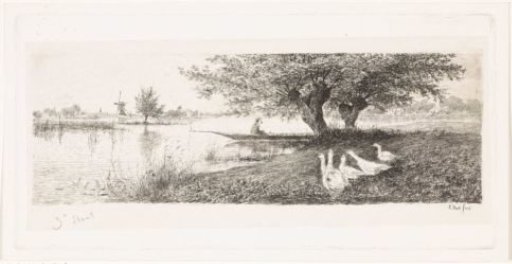 River landscape with a man in a boat and geese on the shore