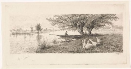 River landscape with a man in a boat and geese on the shore