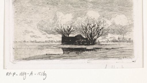 Farm under two trees with a city on the horizon