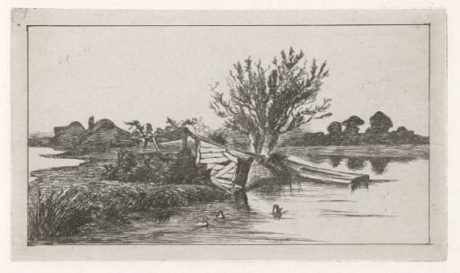 River Landscape with Ducks and a Dilapidated Barn