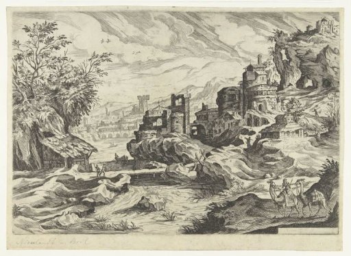 Rocky coast with town and man with two camels or dromedaries