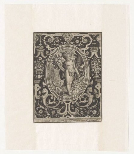Element Earth as a young woman with cornucopia and rose bush in a frame with ornaments