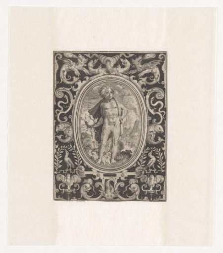 Element Fire as a young man with lightning bolt in a frame with ornaments