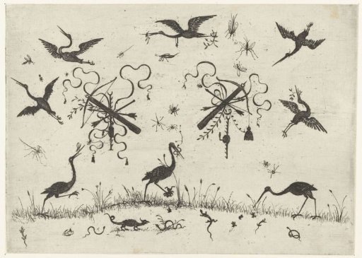 Armor trophies between herons
