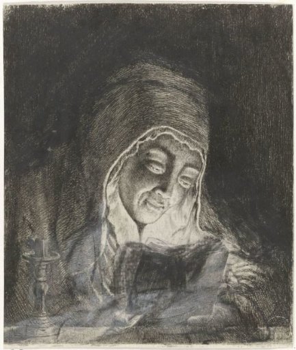 Woman reading by candlelight