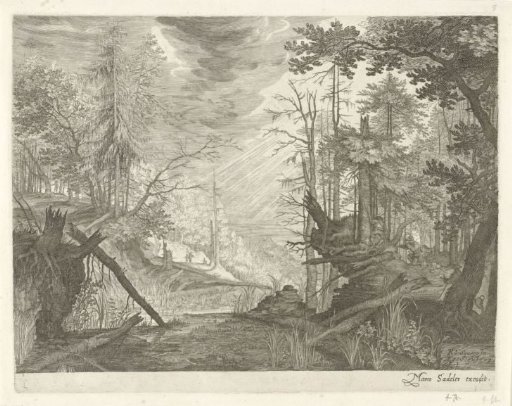 Three Hunters by a River in a Forest