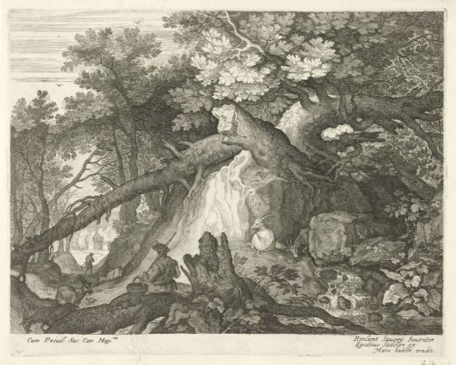 Man and Four Goats by a Waterfall