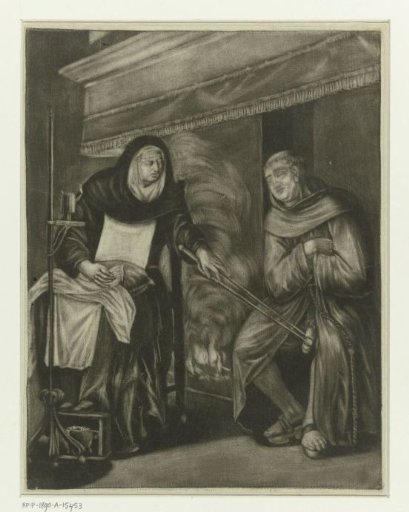 Sleeping monk awakened by a nun with a fire tongs