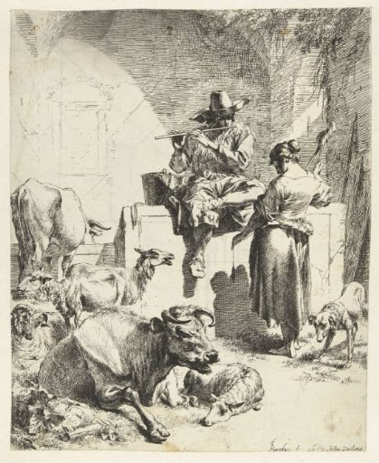 Shepherd playing the flute and a woman spinning