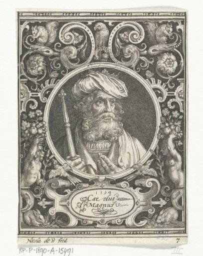 Portrait of Charlemagne in a medallion within a rectangular frame with ornaments