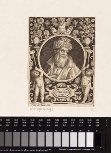Portrait of King Arthur in a medallion within a rectangular frame with ornaments