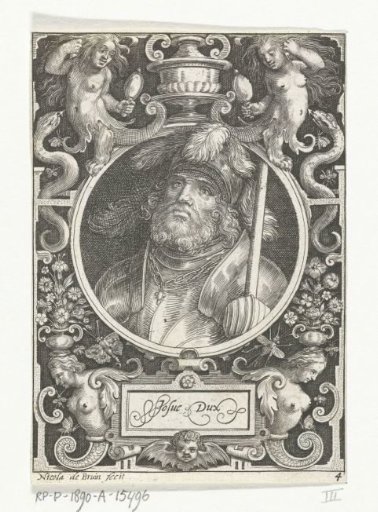 Portrait of Joshua in a medallion within a rectangular frame with ornaments