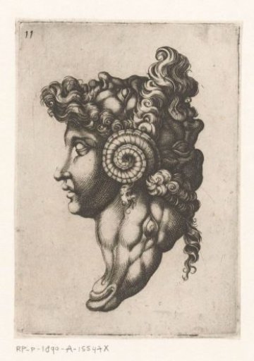Composition of three faces and the head of a ram