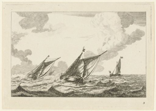 Three sailing ships on a rough sea