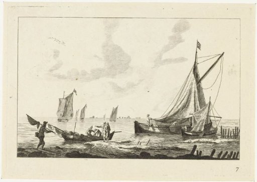 Inland water with sailing ships and fishermen on the shore