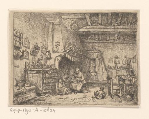 Interior with a woman and two children