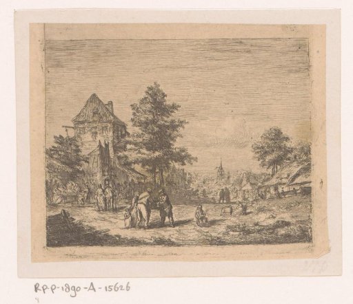 Village View with Many People on the Street and a Church in the Background