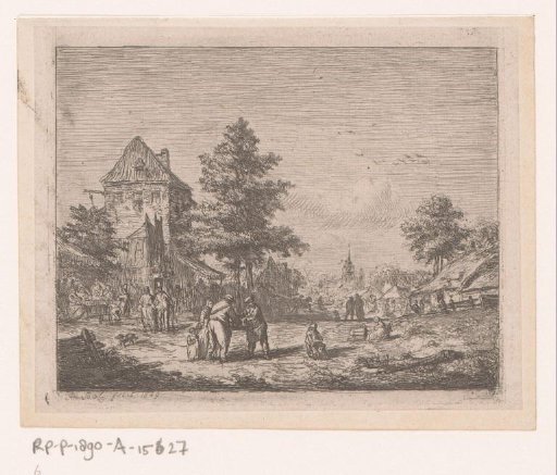 Village View with Many People on the Street and a Church in the Background