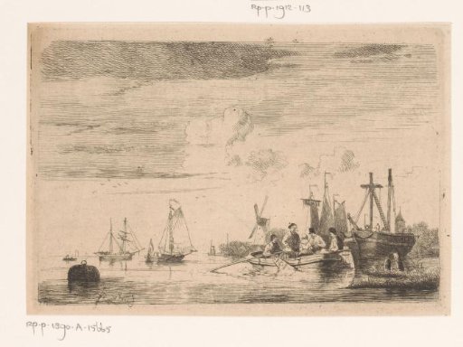 River landscape with a floating barrel, a rowing boat and sailing boats