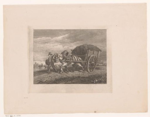 Peasant walking across a field with horse and hay wagon