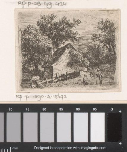 Landscape with a man leaning on a staff conversing with a woman and child