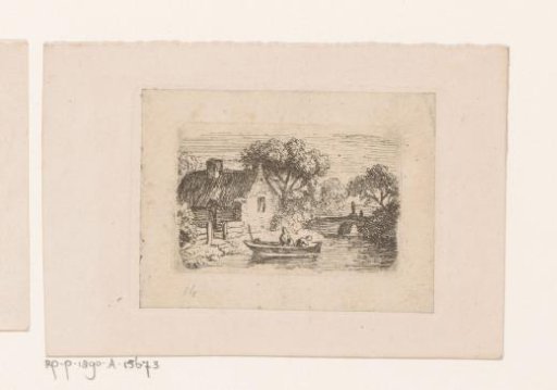 Landscape with two persons in a rowboat near a dwelling