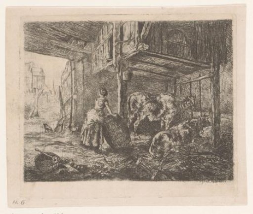 Woman With A Barrel In A Stable With Two Cows