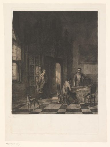 Three men and a dog in the aldermen's hall in the town hall of Oudenaarde