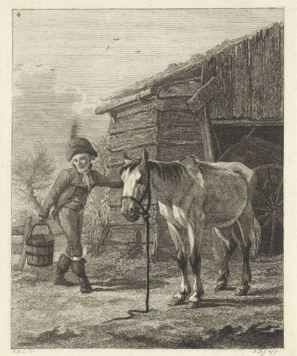 Standing horse in front of a barn