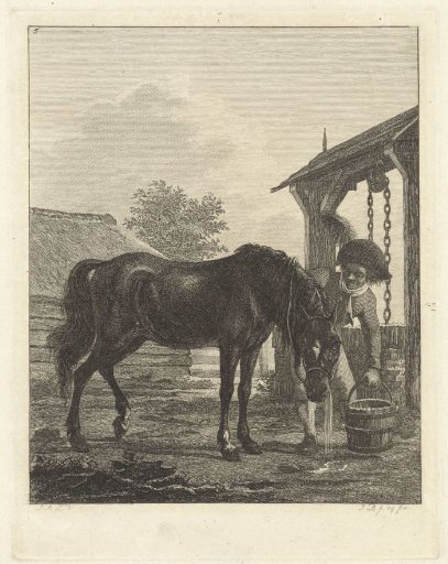 Man letting a horse drink from a bucket