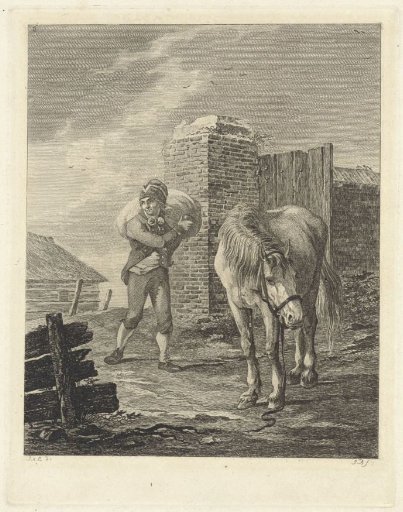 Man with a sack on his shoulder next to an unsaddled horse