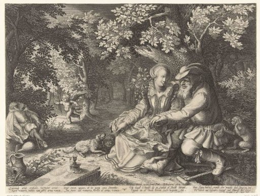 Death and Cupid shooting each other's arrows and an old man courting a young woman