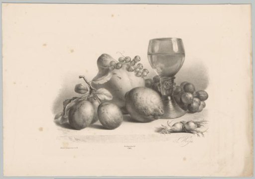 Still life with glass, plums, lemon, grapes and hazelnuts