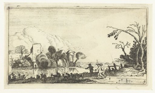 Shepherd with goats and sheep by a river