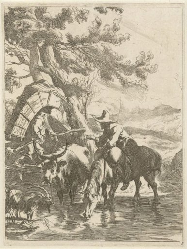 Shepherd and laden boy by a stream
