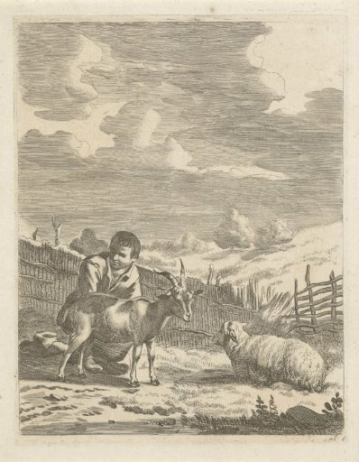 Young shepherd with a sheep and a goat