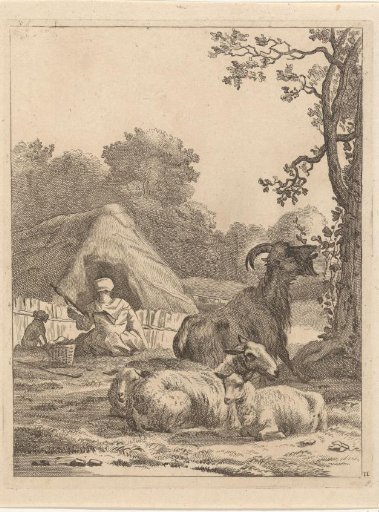 Shepherdess with sheep and a goat