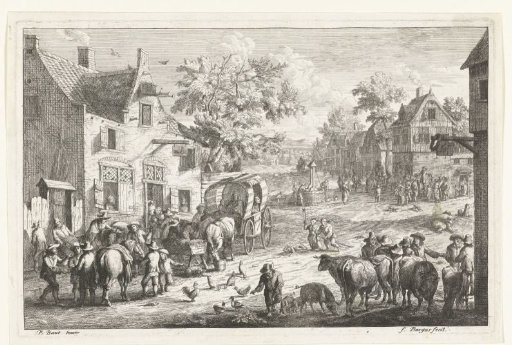 Village view with travelers and cattle traders at an inn