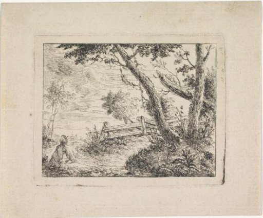 Landscape with a seated man by trees and a fence