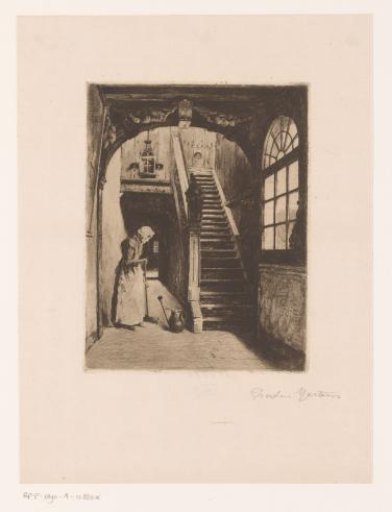 Woman sweeping a hallway with stairs