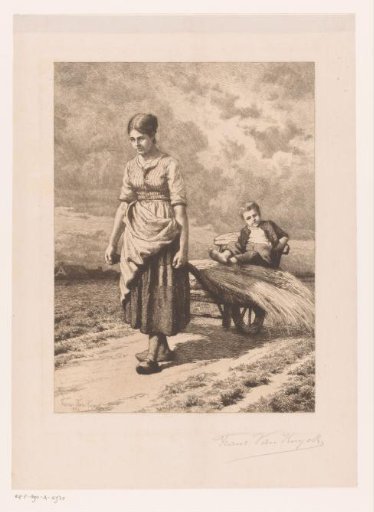 Woman Walking with a Wheelbarrow Full of Hay and a Child Across the Field