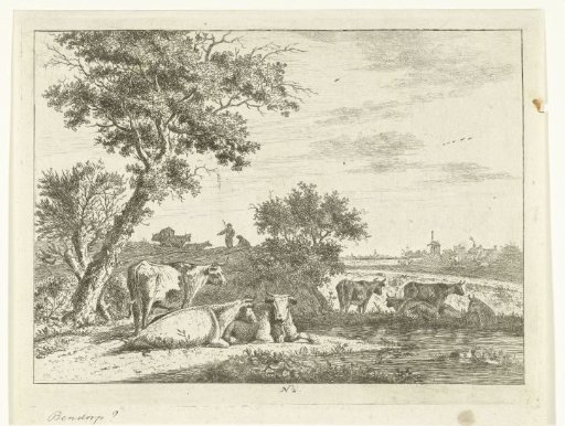 Landscape with farmer with herd of cows