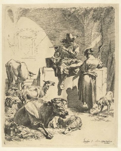 Shepherd playing the flute and a woman spinning