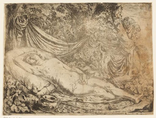 Sleeping Venus spied upon by satyrs